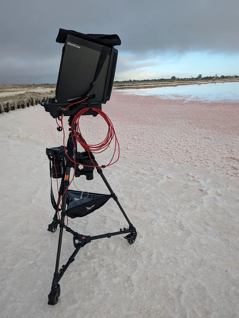 A tethered workstation on a white salt pan